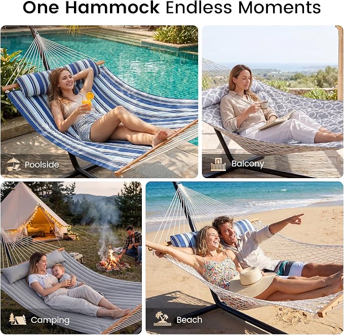 Everyfun 2 Person Hammock with Stand, Heavy Duty Double Cotton Rope Hammock with Removable Quilted Pad & Pillow, 500 LBS Adjustable Steel Frame, Tool-Free, Carry Bag for Outside Patio Yard, Blue