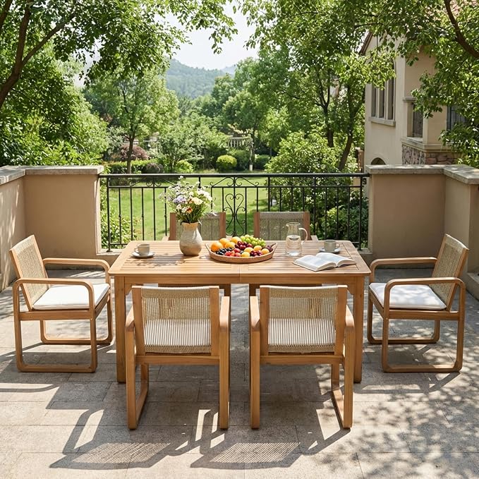 Christopher Knight Home Trazy Acacia Wood Outdoor Dining Set for 6, Patio Dining Table Set for 6, Outdoor Dining Table and Sled Base, Dining Chairs with Cushion + Rope Backrest, Teak + Brown + Beige
