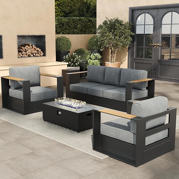 Aluminum Patio Furniture Set, 5 Seats Luxury Seating Furniture with 42" Fire Pit Table, All Weather Outdoor Conversation Sets with 6" Thickened Cushions