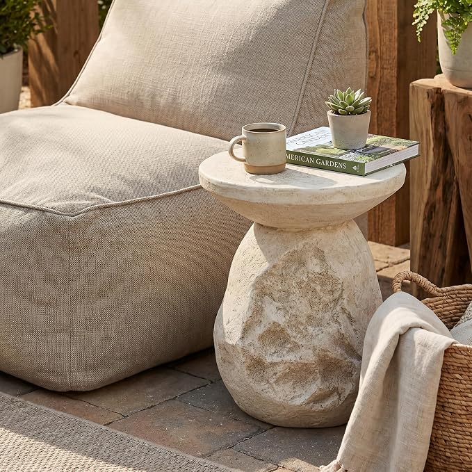 LUMISOL Clare Outdoor Paitio MGO Side Table, Sculptural Organic Pear-Shaped End Table with Natural Beige Tone Finish