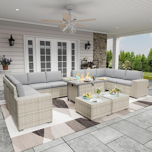 13 Piece Patio Furniture Set with 50,000 BTU Rattan Fire Pit Table that Converts to Coffee Table, 9.8" Wide Arm Sectional Sofa with Storage Armrests, Outdoor Rattan Conversation Set, Grey