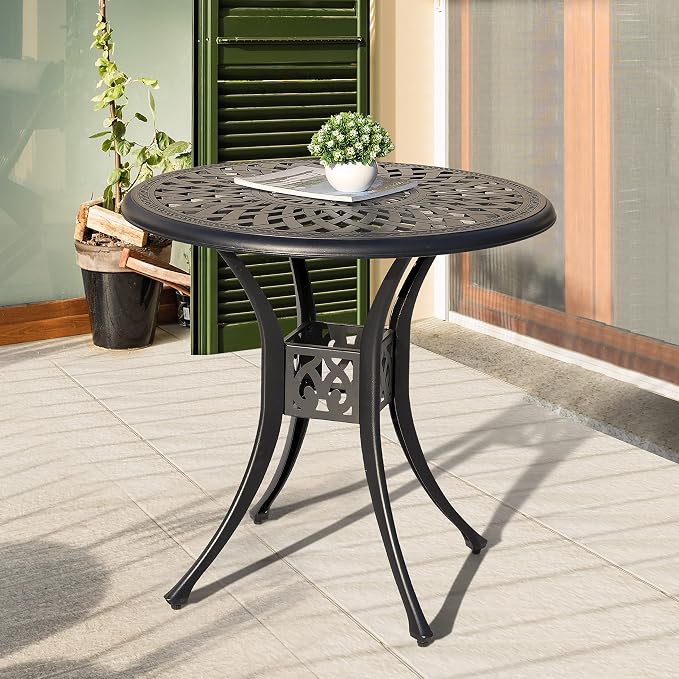 NUU GARDEN 30" Round Patio Bistro Table, Cast Aluminum Round Outdoor Bistro Table with Ice Bucket Function and Umbrella Hole for Poolside, Deck, Backyard, Balcony, Black with Gold Point