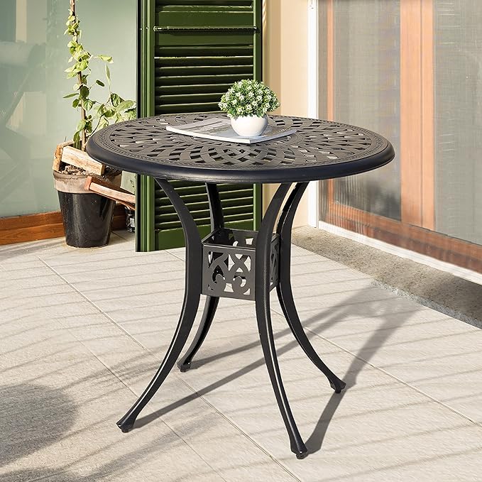 NUU GARDEN 30 Inch Patio Dining Table, Cast Aluminum Round Outdoor Table with Umbrella Hole for Patio, Backyard, Deck Black