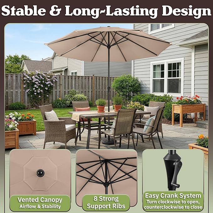 Pure Garden 9FT Round Patio Umbrella with 19lb Weighted Base - Easy Crank, Vented Canopy Outdoor Umbrella for Shade - For Deck, Balcony, Porch, Backyard, or Pool (Khaki)