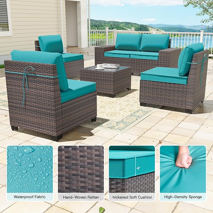 6 Pieces Patio Furniture Sets with Glass Tea Table,PE Rattan Wicker Patio Conversation Set with Washable Cushions,Outdoor Patio Sectional Furniture Set for Backyard, Poolside, Garden,Blue