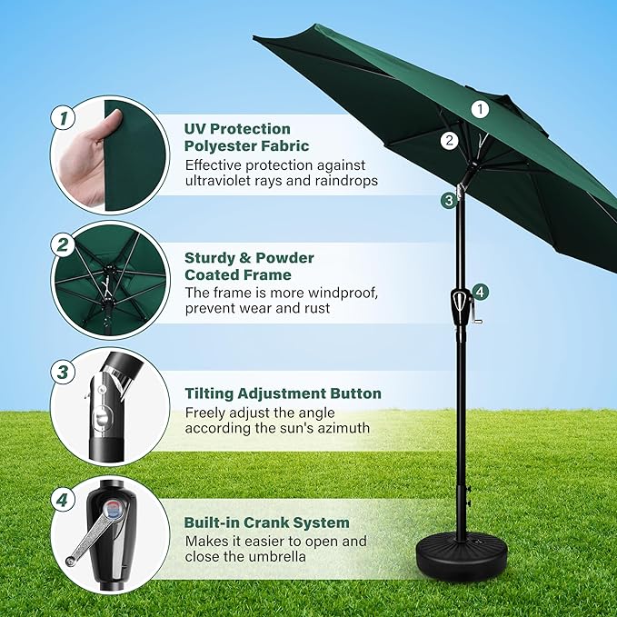 HealSmart 7.5ft Patio Umbrella with Push Button Tilt/Crank, Outdoor Table Market Yard Umbrella, 6 Sturdy Ribs for Garden, Deck, Backyard, Pool