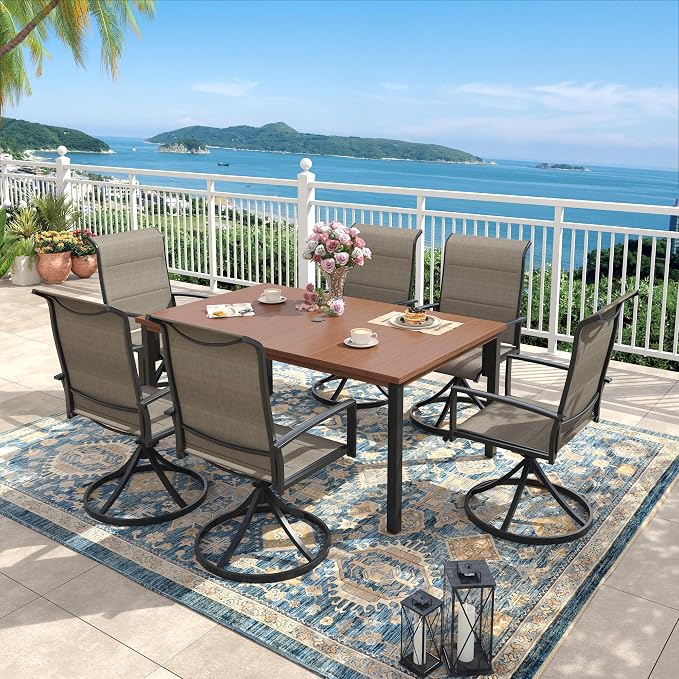 Outdoor Dining Set for 6, 63" Outdoor Dining Table with Umbrella Hole and Padded Textilene Patio Swivel Chairs, 7 Pieces Patio Table and Chairs Set for Garden Backyard, Mixed Brown and Walnut