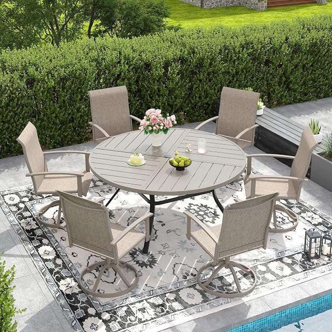 DIFY 7 Pieces Outdoor Dining Set, Metal Patio Table and Chairs Set for 6 with Umbrella Hole, 53.1" Grey Wood-Like Round Table and Sandshell Textilene Swivel Patio Chairs for Garden, Backyard, Poolside