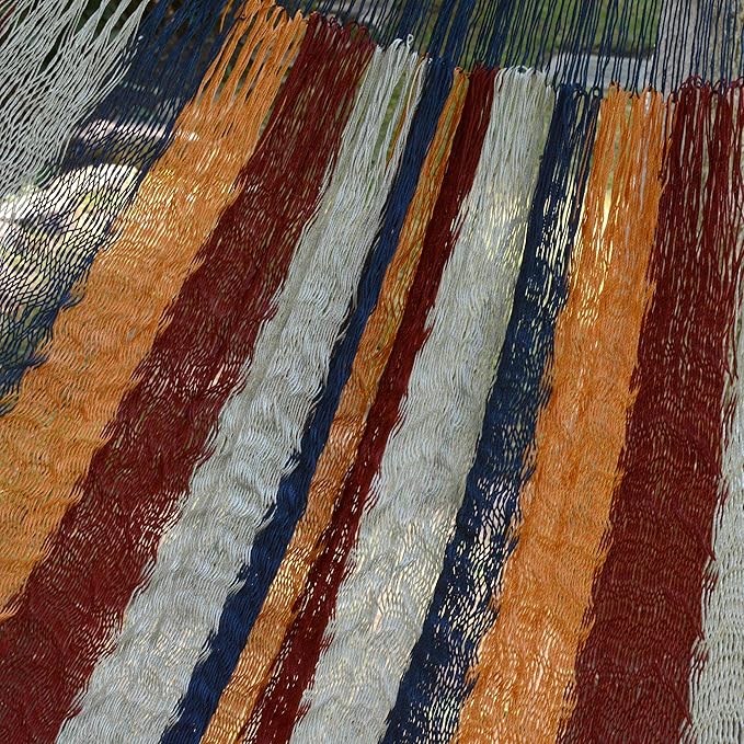 NOVICA Blue Yellow White Striped Hand Woven Nylon Mayan 1 Person Rope Hammock with Hanging Accessories, 'Durango' (Single)