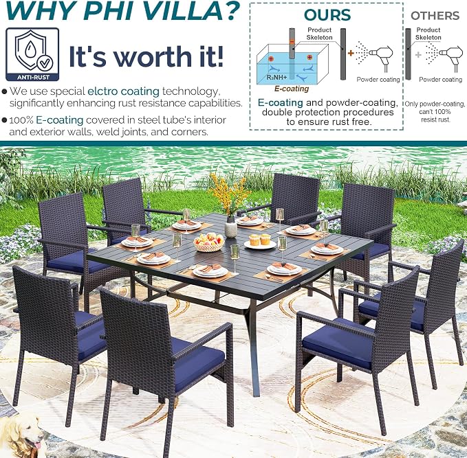 PHI VILLA 9 Pieces Square Outdoor Dining Set for 8, Large Metal Dining Table & Rattan Wicker Chairs with Cushions, Dining Furniture Set for Patio, Deck, Yard, Porch