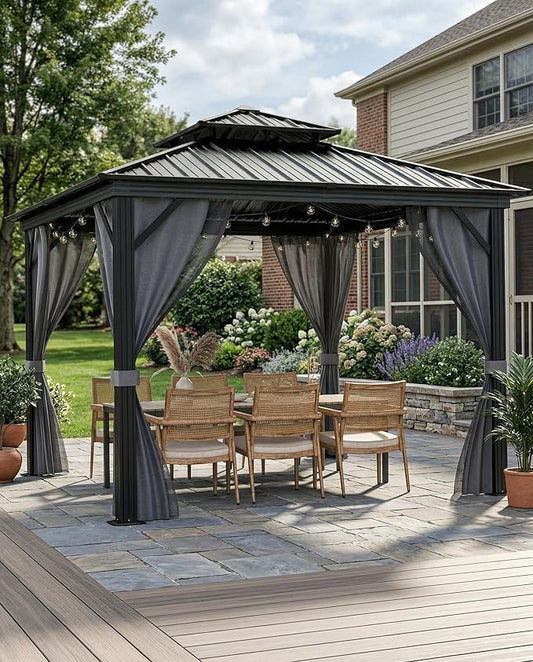 10x10 FT Hardtop Gazebo with Double Metal Roof, Aluminum Frame Permanent Pavilion with Curtains and Netting, Outdoor Gazebo for Patio Backyard Lawns