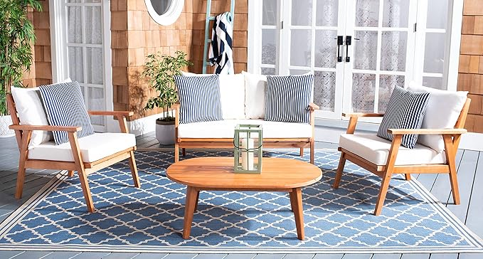 Safavieh PAT7050D Outdoor Deacon Natural and Beige 4-Piece Navy Striped Pillows Patio Set