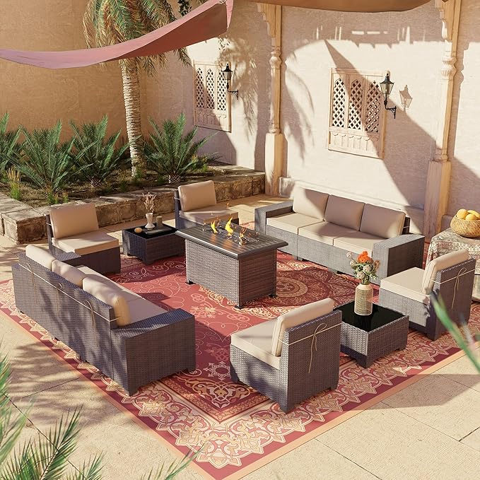 13 PCS Outdoor Patio Furniture Set,Outdoor Sectional Furniture with 43" 55000 BTU Gas Propane Fire Pit Table,All Weather PE Rattan Wicker Patio Conversation Set,Sand
