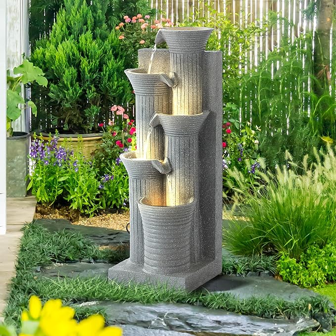 5-Tiers Outdoor Garden Water Fountain with Cascading Rock, Fountains and Waterfalls w/LED,Indoor/Outdoor Floor Standing Water Feature w/Bamboo Joint Decor for Patio, Backyard (Light Grey)