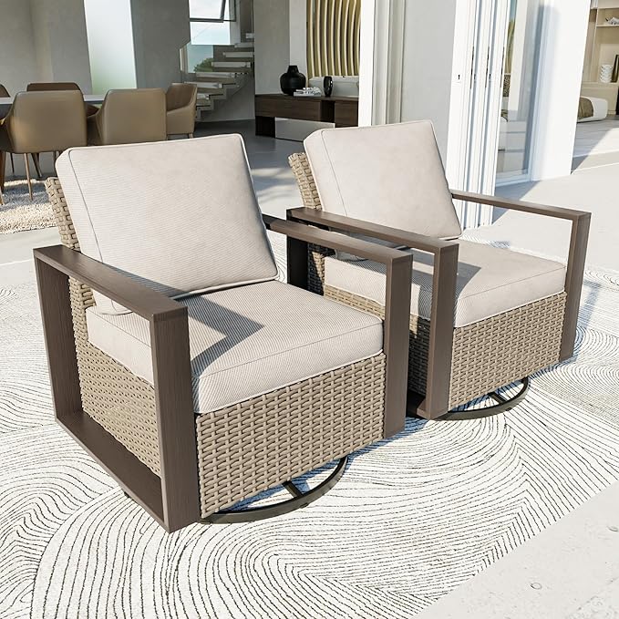 Patio Chairs Set of 2, Outdoor Swivel Rocker Patio Chairs, Metal Patio Furniture with Deep Seating, Thicken Cushions for Deck, Porch, Yard Use (Beige, 2 PCS/Swivel)