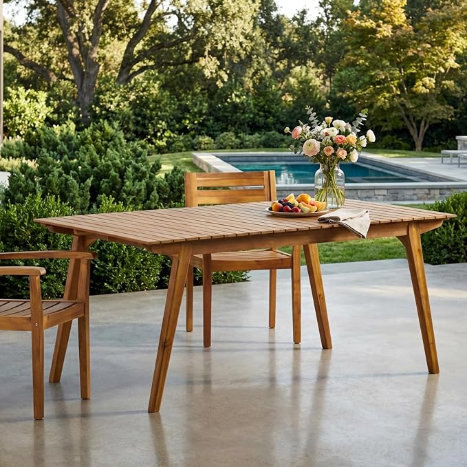Merax Outdoor Dining Table 68.5" Rectangle Acacia Wood Patio Table with Slat Panels Tabletop, Weather Resistant, Teak Finish