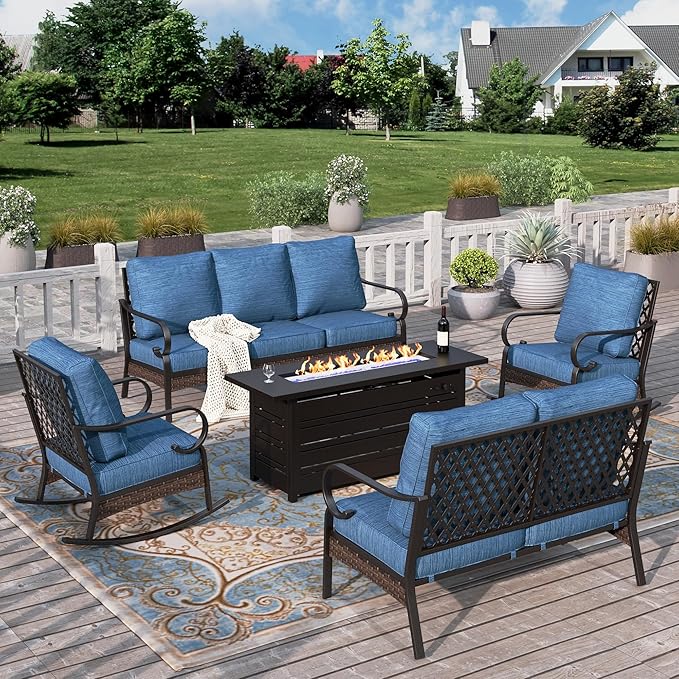 HERA'S HOUSE 5 Piece Metal Patio Furniture Set with 56" Fire Pit Table, All Weather Outdoor Conversation Set, 3 Seat Sofa with Loveseat, 2 Rocking Chairs, Seats 7 for Backyard, Garden, Pacific Blue