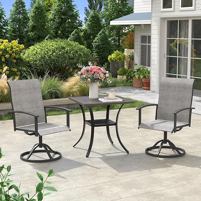 VICLLAX Outdoor Table and Chairs Set for 2, Small Patio Dining Set with 27.5" Metal Square Patio Table & 2 Swivel Outdoor Dining Chairs for Backyard Lawn Porch Garden, Grey & Antique Grey