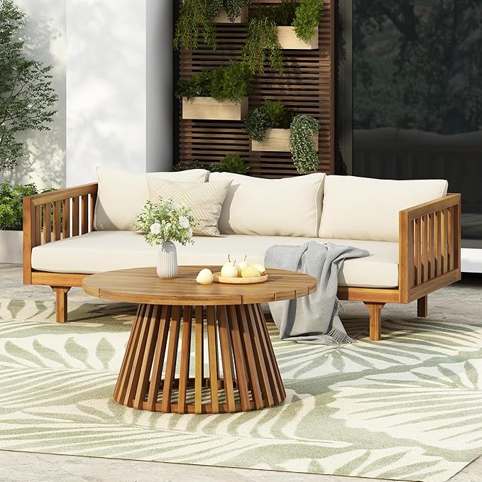 Merax Outdoor Acacia Wood Conversation Set, 3-Seat Loveseat Sofa w/Coushion and Round Coffee Table for Backyard, Patio Furniture, Teak+Beige