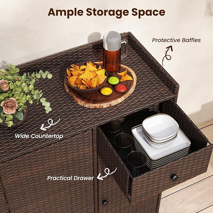 HAPPYGRILL Outdoor Rattan Wicker Deck Box Storage Cabinet, Patio Sideboard Buffet Cabinet with Adjustable Shelves and Drawer, Outside Console Bar Table for Garden Poolside