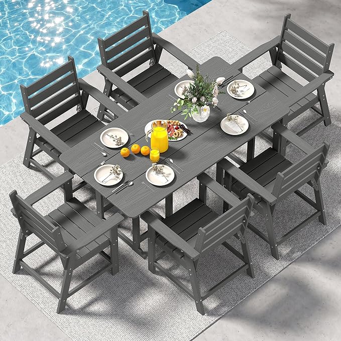 7-Piece Dining Set, HDPE Table & 6 Chairs, Grey | HDPE Dining Set: 69.1" Table + 6 Chairs, 380 lbs, 304 Stainless, All-Weather, No Rust No Crack, Outdoor Patio Garden
