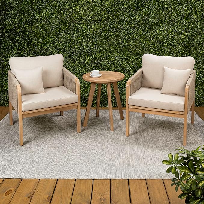 JONATHAN Y LVG1204A-3SET Aveiro 3-Piece Modern Bohemian Roped Corner Acacia Wood Conversation Outdoor Patio Set with Cushions for Patio, Garden, Lawn, Backyard, Deck, Beige/Light Teak