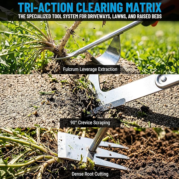 3-Piece Heavy Duty Weed Puller Tool Set with Protective Gloves & 420D Bag - 410 & 420 Stainless Steel Manual Dandelion Root Extractor & Crack Weeder, Gardening Hand Tools