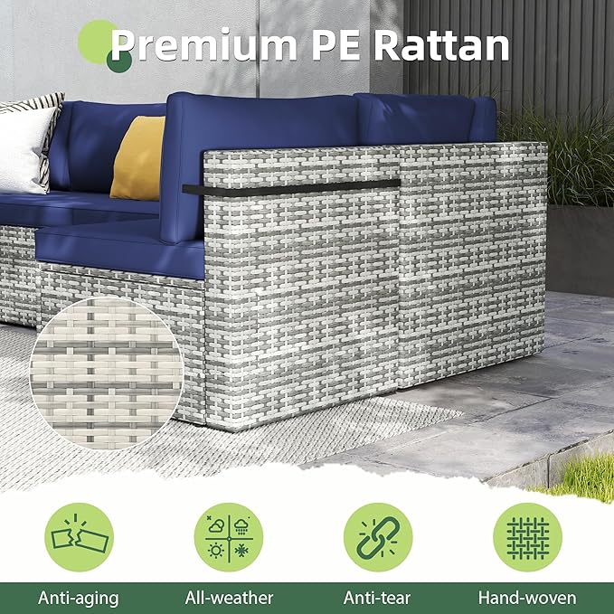 7-Piece Outdoor Sectional Sofa Set, Weather-Resistant Patio Furniture Set with Washable Cushions and Coffee Table, Grey Rattan Patio Conversation Set for Poolside, Backyard, Deck (Navy Blue)