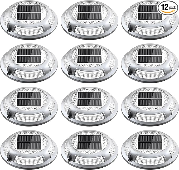 Solar Driveway Lights, 12 Pack Heavy Duty Driveway Lights Solar Powered 2 Color Mode (Cool/Warm White) IP68 Waterproof Outdoor Solar Deck Lights with Ground Stake for Pathway Garden Yard Walkway Dock