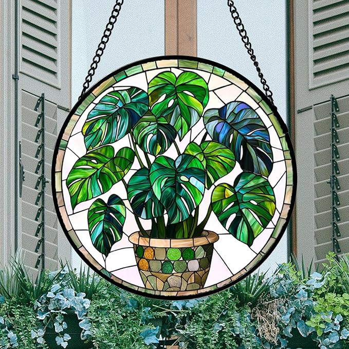 DASTOLL Stained Glass Window Hanging, Green Plant Monstera t Suncatcher Diamond Colorful Glass Panel Sun Catchers Decor for Birthday for Women, Men, Wife, Aunt, and Mom 14.9x14.9 in