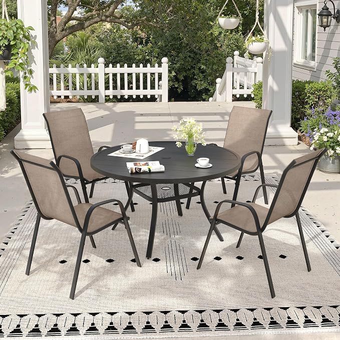5 Pieces Outdoor Dining Set, 40.6" Round Table with Umbrella Hole & Stackable Patio Dining Chairs, Patio Table and Chairs Set for Deck Garden Porch, Brown Chairs & Black Table