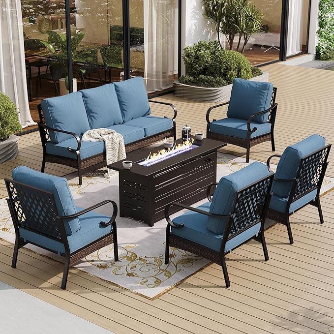 6 Piece Metal Outdoor Patio Furniture Sets with Firepit Table, Patio Conversation Sets 1 3-Seater Sofa, 4 Single Sofa with 5.75" Extra Cushion Backyard Furniture for Deck, Denim Blue