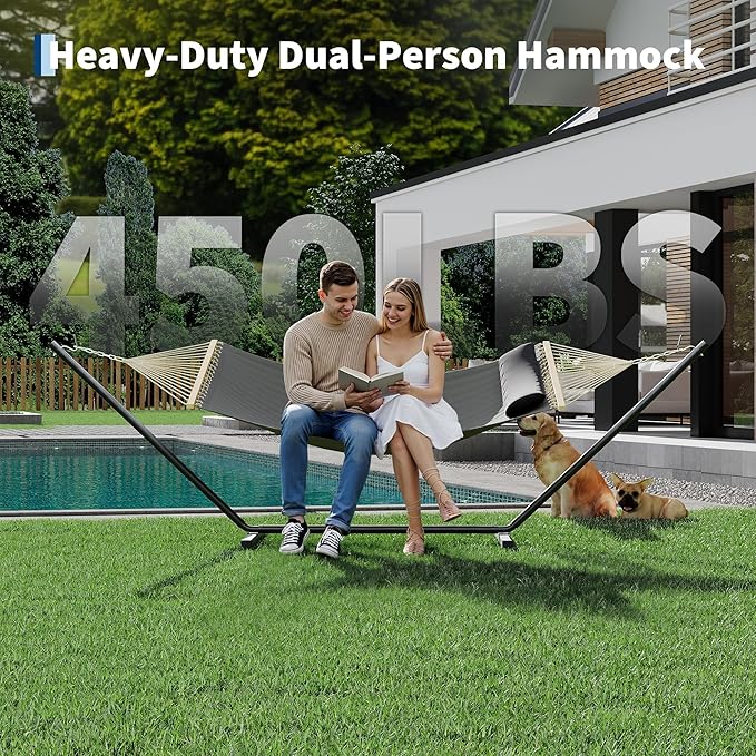 Double Hammock with Stand - Heavy Duty Portable 2 Person Design with Adjustable Steel Stand, Max 450LBS, Ideal for Outdoor Patio, Garden, Beach & Backyard