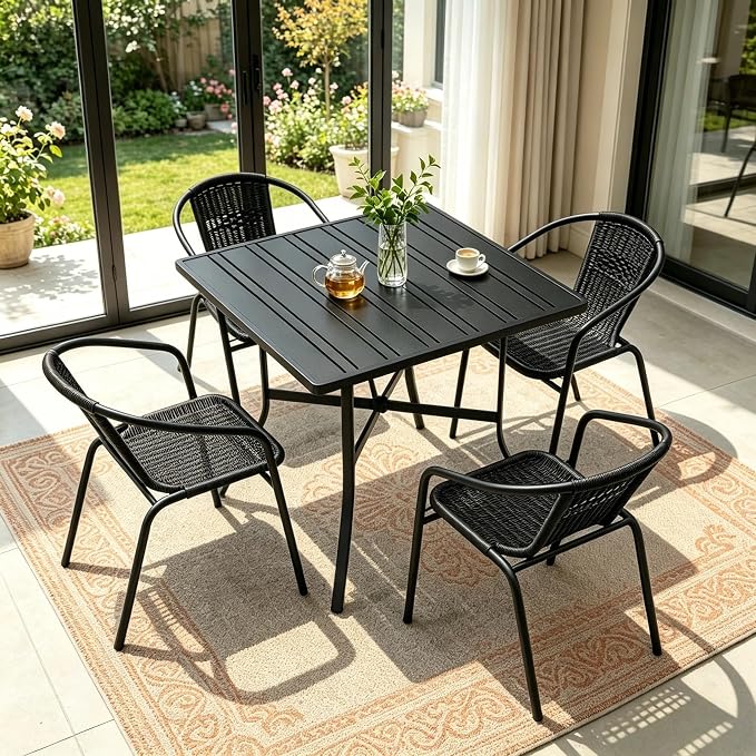 Outdoor Patio Furniture Set 5 Piece with 4 Stackable Black Rattan Chairs and Black Outdoor Metal Dining Table with Umbrella Hole