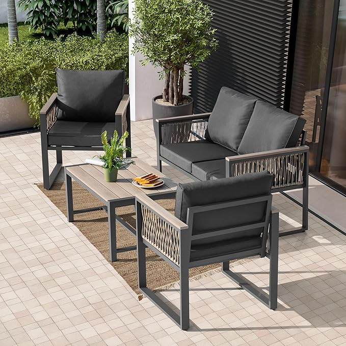 NUU GARDEN 4 Pieces Outdoor Patio Furniture Set, 4 Seats Outdoor Sectional with Coffee Table, Wicker Patio Conversation Sets with Armrests and Cushions Patio Set for Backyard, Garden and Poolside