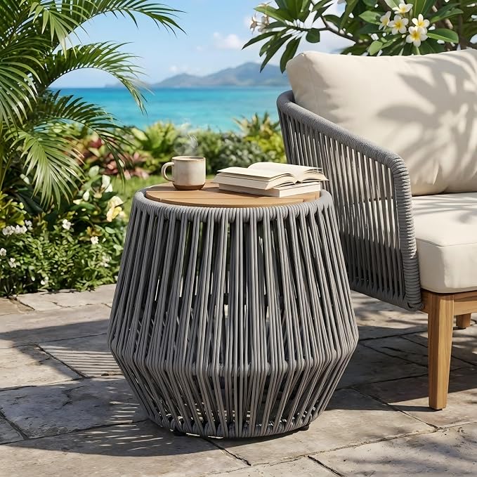 Acacia Wood Side Table, Grey Rope Base, Teak Finish