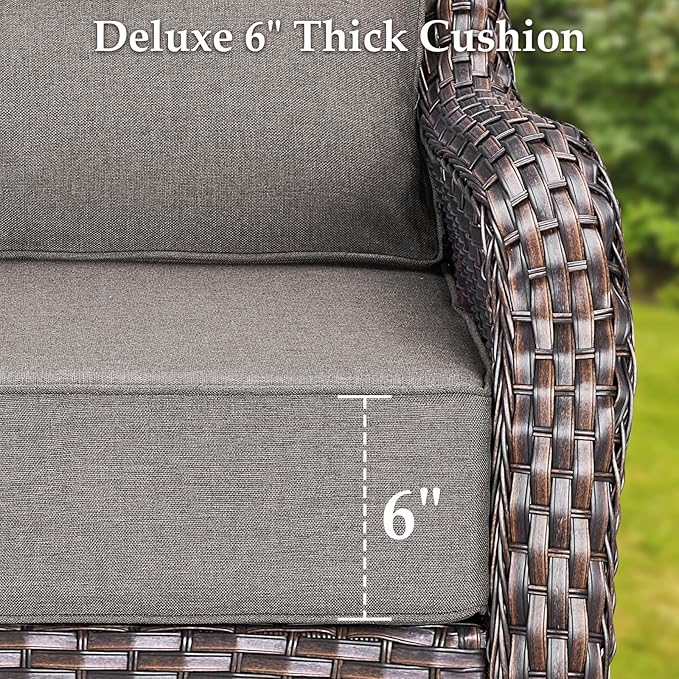 Luxury 7 Pieces Outdoor Patio Furniture Set-All Weather Wicker Outdoor Furniture with Swivel Rocker Patio Chairs 6-inch Extra Thick Cushions Wicker Conversation Set for Garden Porch(Brown/Grey)