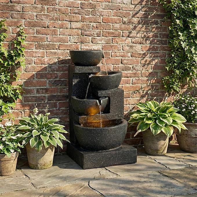 29-Inch Terrazzo Style LED Outdoor Indoor Water Fountain, 4-Tier Cascading Bowls & Stacked Stones, Ideal Waterfalls for Gardens, Patios