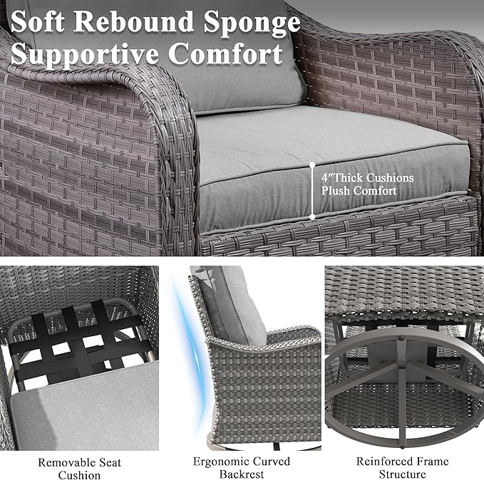 9 Piece Wicker Patio Furniture Set, Swivel Rocking Chairs with 4''Cushions, PE Rattan, Rust Resistant Frame, Double Layer Glass Side Table, for Backyard, Deck or Balcony, Grey