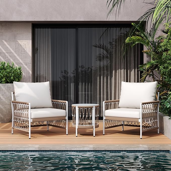 Christopher Knight Home Gwen 3-Piece Bohemian Outdoor Patio Furniture Set, Set of 2 Lounge Chairs with Cushions & Glass Top Side Table, Patio Conversation Set for Garden, Poolside, Beige + Natural