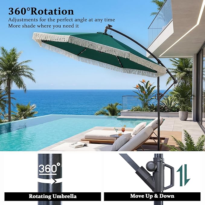 MONDAWE 10FT Cantilever Patio Umbrella with Tassels, 360° Rotation Offset Outdoor Umbrella, Heavy Duty Backyard Shade Umbrella with 180G Fabric for Patio Garden Deck