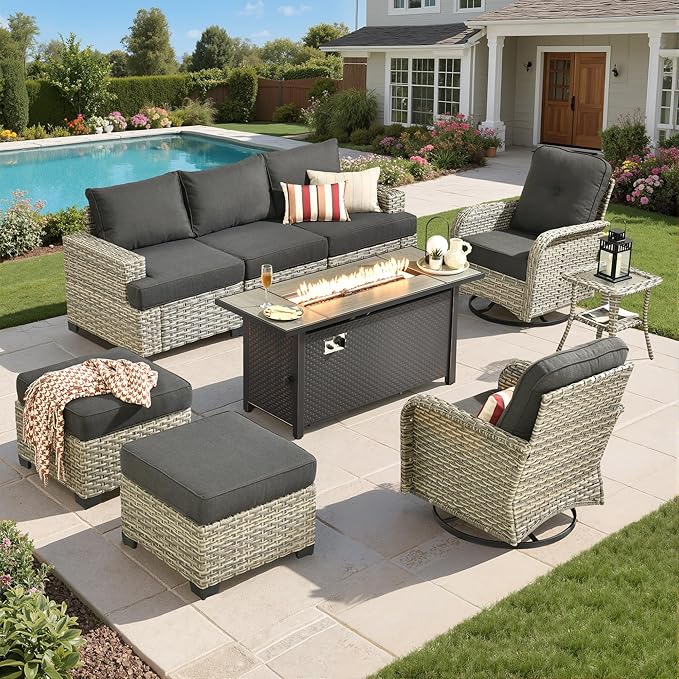 Rattan Patio Furniture Set with Fire Pit Table,9 Pieces Outdoor Sectional with Swivel Chairs Ottoman,Out Door Furniture Conversation Set,Black