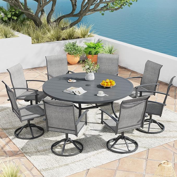 9 Pieces Outdoor Patio Dining Table Set, 60" All Weather Round Metal Table with Umbrella Hole and 8 High Back Textilene Swivel Chairs for Garden, Lawn, Poolside, Grey