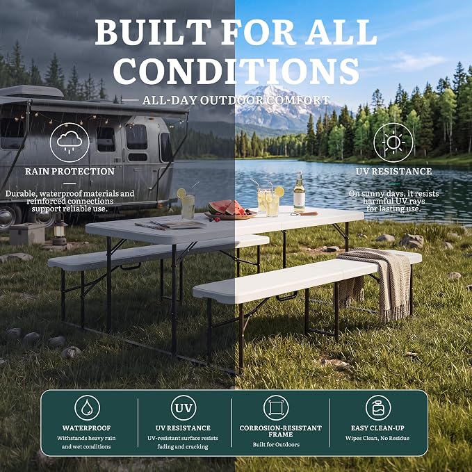 YITAHOME 4.5ft Folding Picnic Table with Benches, Heavy Duty 4.5 ft Picnic Tables for Outdoors, Portable Outdoor Table with Center Lock & Non-Slip Feet for Backyard, Camping, Beach, White