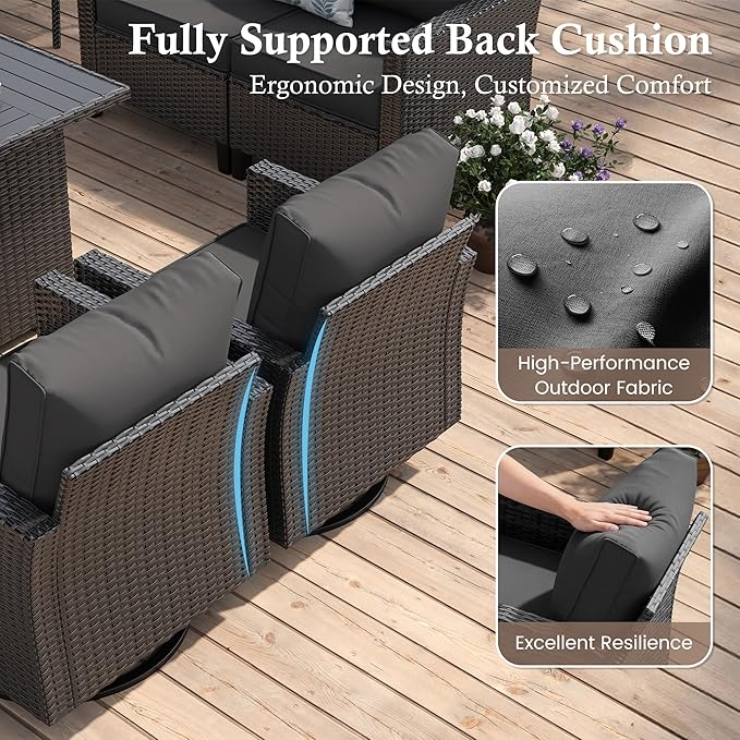 Amopatio Patio Furniture Set, 6-Piece Wicker Outdoor Sectional Sofa with Swivel Rocker Chairs, Rattan Conversation Set with Fire Pit Table and Waterproof Cover for Backyard Black/Dark Grey