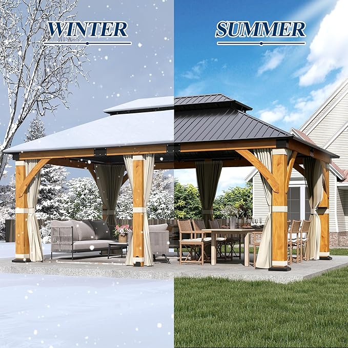 COVERONICS 12FT x 20FT Outdoor Spruce Wood Gazebo - Patio Wooden Frame Gazebo with Galvanized Steel Double Roof, Heavy-Duty Hardtop Gazebos with Netting & Curtains for Garden, Poolside, Deck, Backyard