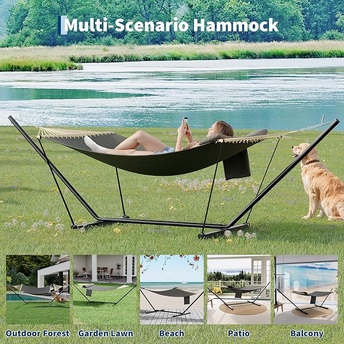Double Hammock with Stand - Heavy Duty Portable 2 Person Design with Adjustable Steel Stand, Max 450LBS, Ideal for Outdoor Patio, Garden, Beach & Backyard