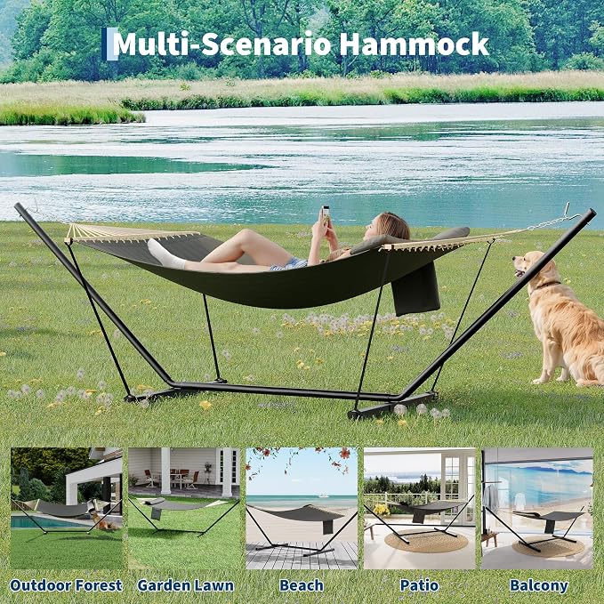Double Hammock with Stand, 2 Person Heavy Duty Outdoor Hammock with 12FT Stand, Adjustable Steel Frame, Detachable Pillow, Carry Bag Included, 450lbs Capacity, Indoor Outdoor Swing Bed– Dark Gray