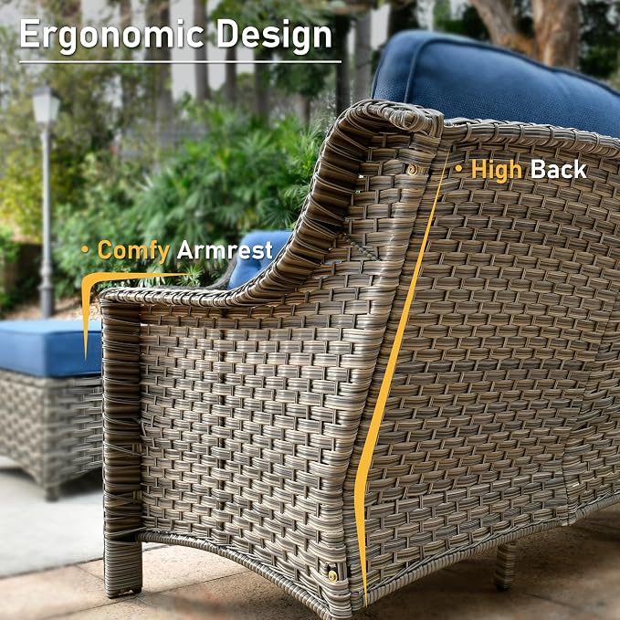 HOOOWOOO 6 Piece Patio Furniture Conversation Sets with Sola Light Table,Outdoor Wicker Furniture with Ottoman, All Weather Resistant Outside High Back Rattan Patio Set(Diamond Blue)