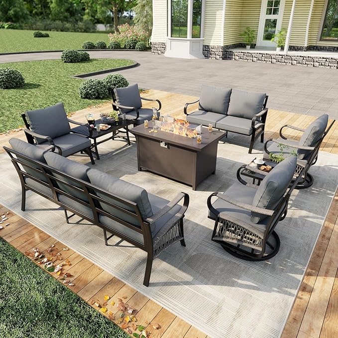 9 Pieces Patio Conversation Sets, All Weather Metal Outdoor Furniture Set 3-Seater 2 Swivel Rockers with Side Table 2 Single Chairs 1 Loveseat with Coffee Table and Fire Pit Table, Gray